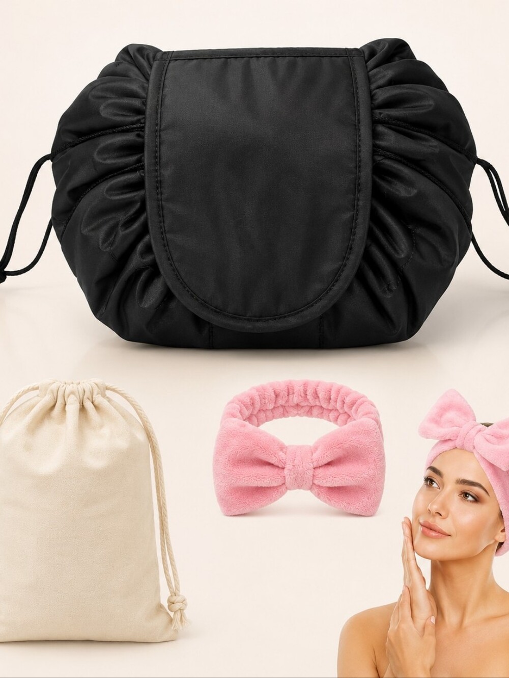 Drawstring Makeup Bag – Travel Cosmetic Organizer - Includes Spa Headband